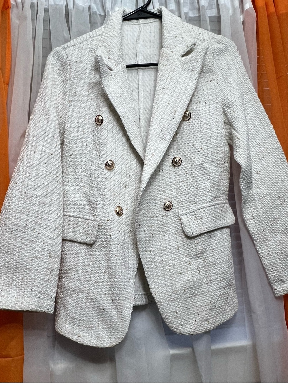 Double-Breasted White Textured Blazer